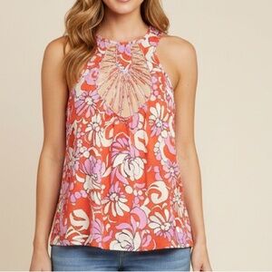 Trina Turk Halter Top Silk Floral Print Size M Red Pink Bermuda Sleeveless Lined